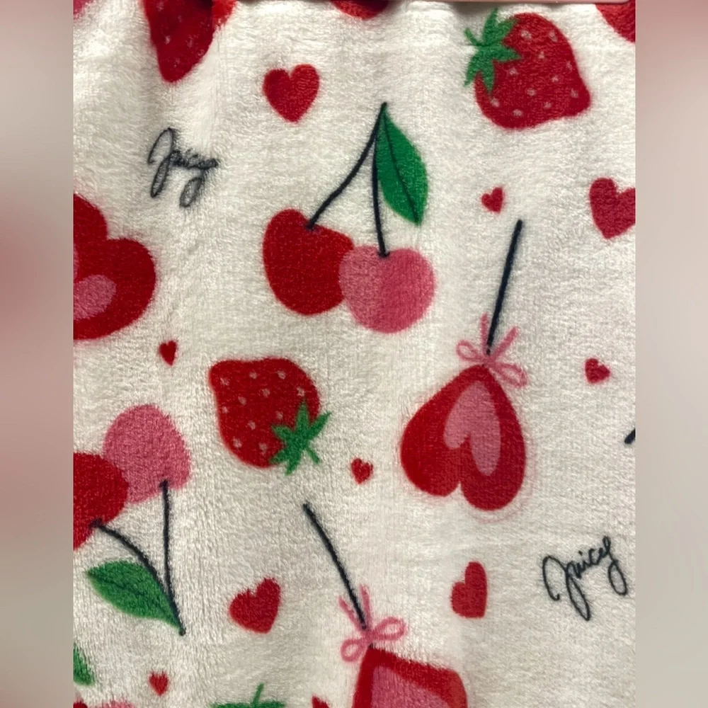 Juicy Couture Plush Throw White w/ Pink Red Hearts Cherries Strawberries NEW NWT
